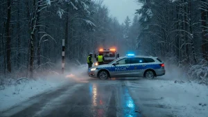 Polska policja zabezpiecza miejsce kolizji na ośnieżonej drodze nocą